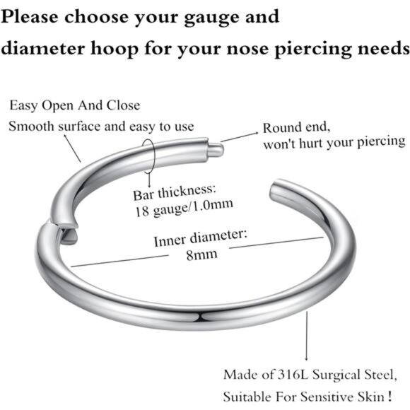 Hypoallergenic Nose Rings - Surgical Steel Septum & Lip Hoop Piercings - Picture 2 of 8